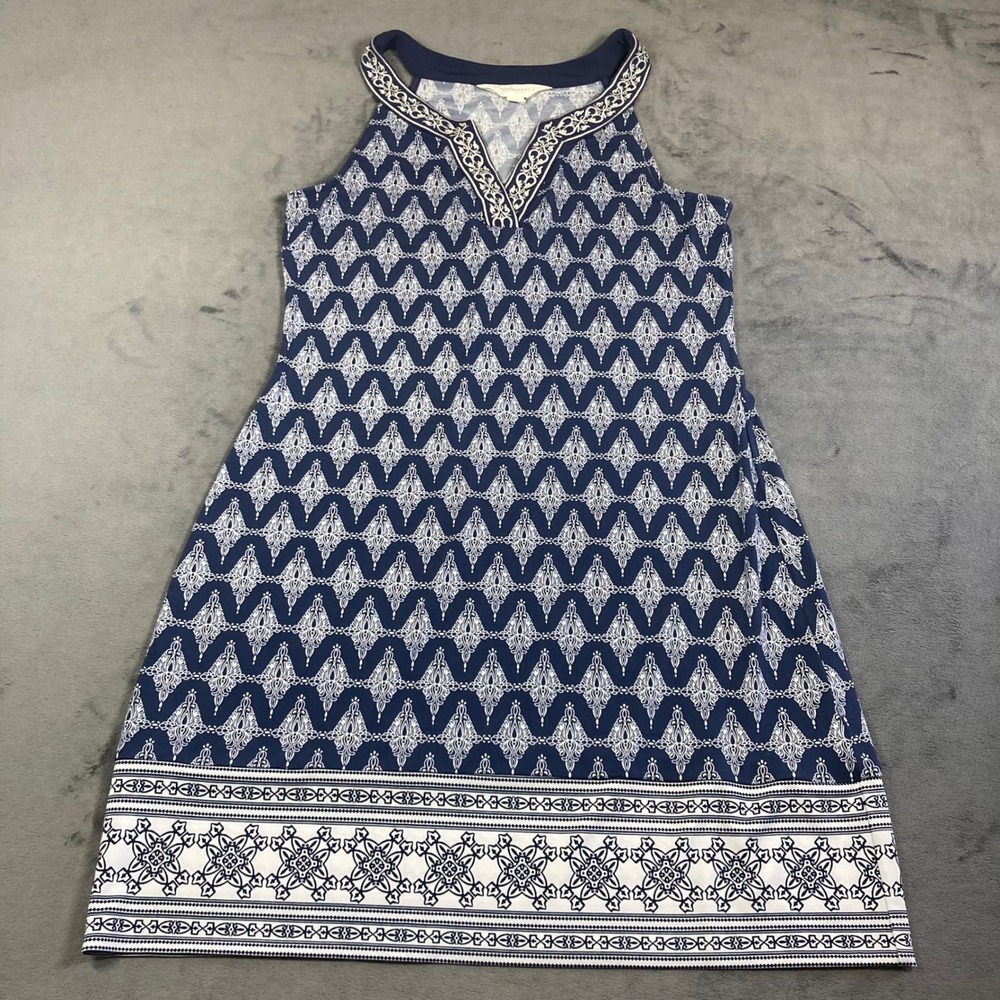 Magnolia Grace Womens Petite S Navy Blue White Medallion Print Shift Dress
